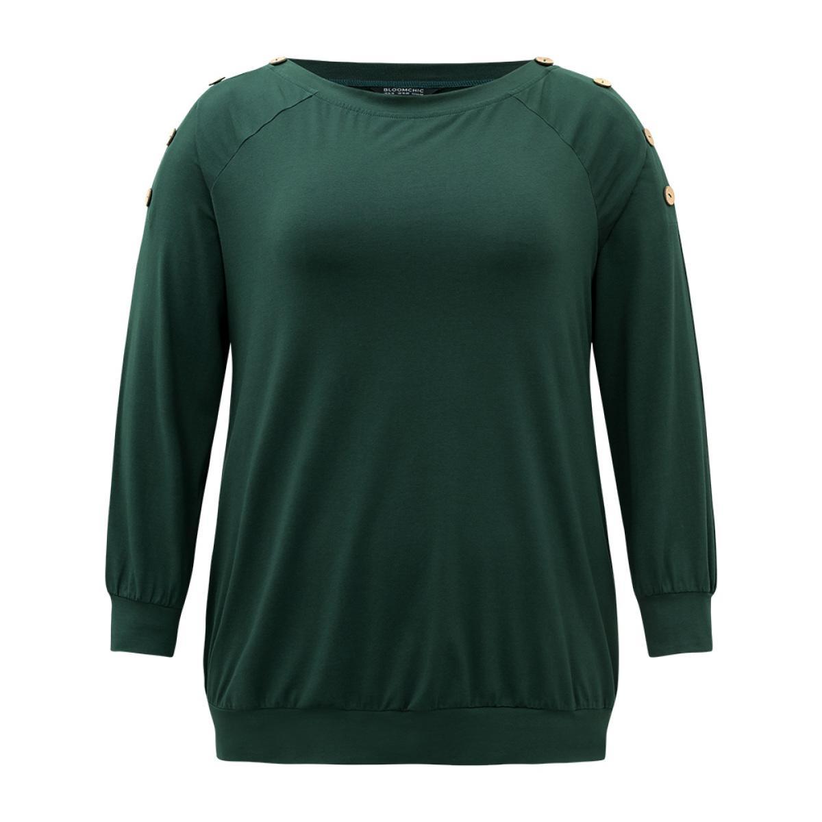 Plus Size Cotton Plain Button Detail Raglan Sleeve T-shirt DarkGreen Women Casual Plain Plain Round Neck Dailywear T-shirts BloomChic 10/M Product Image