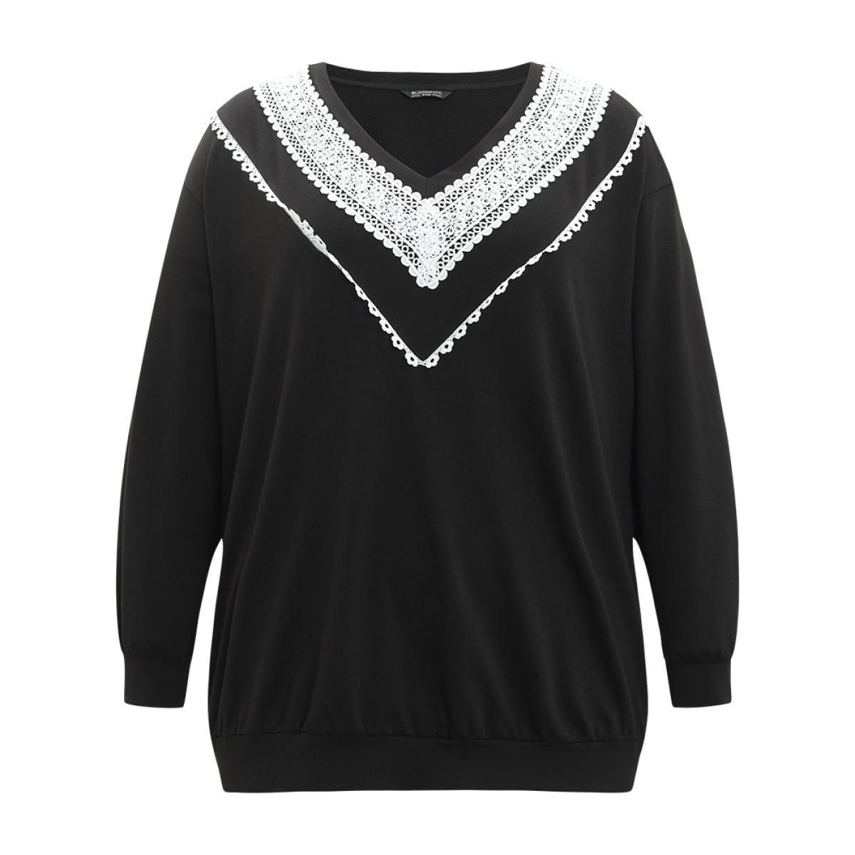 Plus Size Lace Insert V Neck Elastic Cuffs Sweatshirt Women Black Elegant Elastic cuffs V-neck Dailywear Sweatshirts BloomChic 22-24/3X Product Image