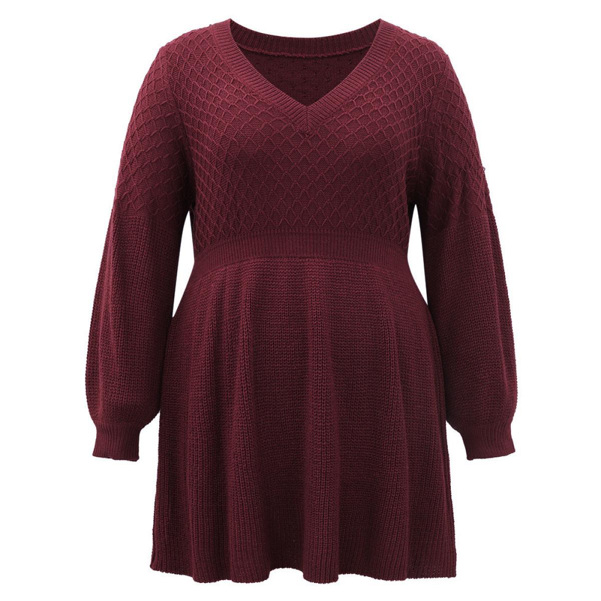 Plus Size Plain Plisse Lantern Sleeve A Line Pullover Moss Women Elegant Long Sleeve V-neck Everyday Pullovers BloomChic 18-20/2X Product Image