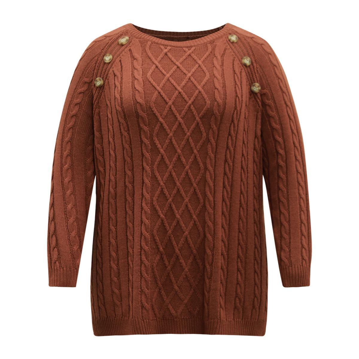 Plus Size Button Detail Cable Knit Raglan Sleeve Pullover Rust Women Casual Loose Long Sleeve Round Neck Dailywear Pullovers BloomChic 14-16/1X Product Image