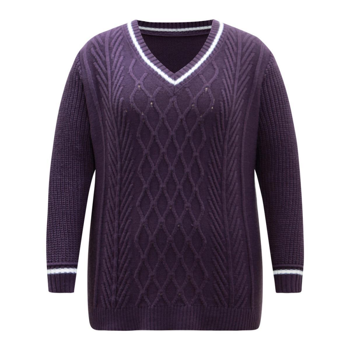 Plus Size Plain Texture Contrast V Neck Cable Knit Pullover Eggplant Women Casual Loose Long Sleeve V-neck Dailywear Pullovers BloomChic 22-24/3X Product Image