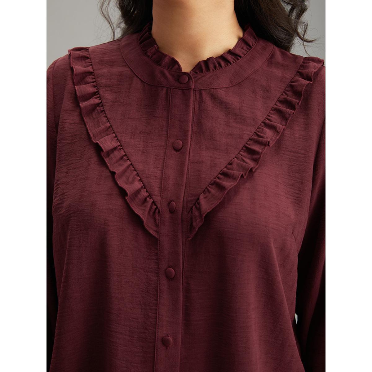 Plus Size Scarlet Stand Collar Solid Gathered Frill Trim Blouse Women Elegant Long Sleeve Stand-up collar Dailywear Blouses BloomChic 22-24/3X Product Image