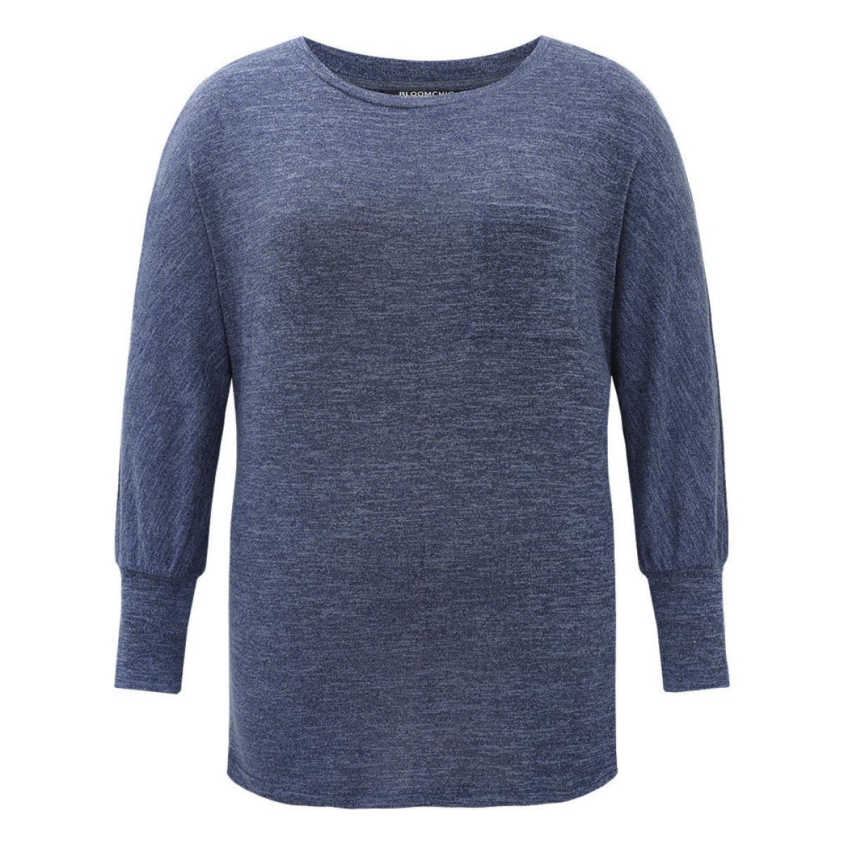 Plus Size Plain Heather Patched Pocket Dolman Sleeve T-shirt Blue Women Casual Plain Plain Round Neck Dailywear T-shirts BloomChic 12/L Product Image