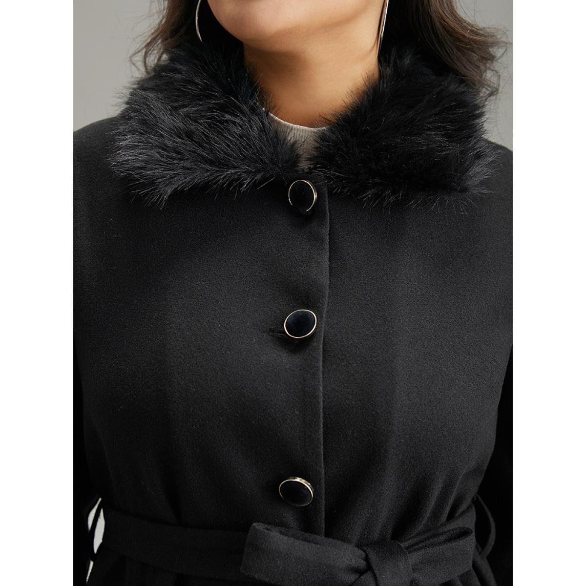 Plus Size Solid Fuzzy Trim Button Through Belted Coat Women Black Casual Plain Ladies Dailywear Winter Coats BloomChic 10/M Product Image