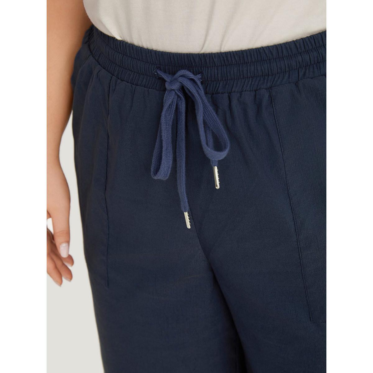 Plus Size Plain Pocket Drawstring Split HemWide leg Pants Women Indigo Office Loose Mid Rise Work Pants BloomChic 10/M Product Image