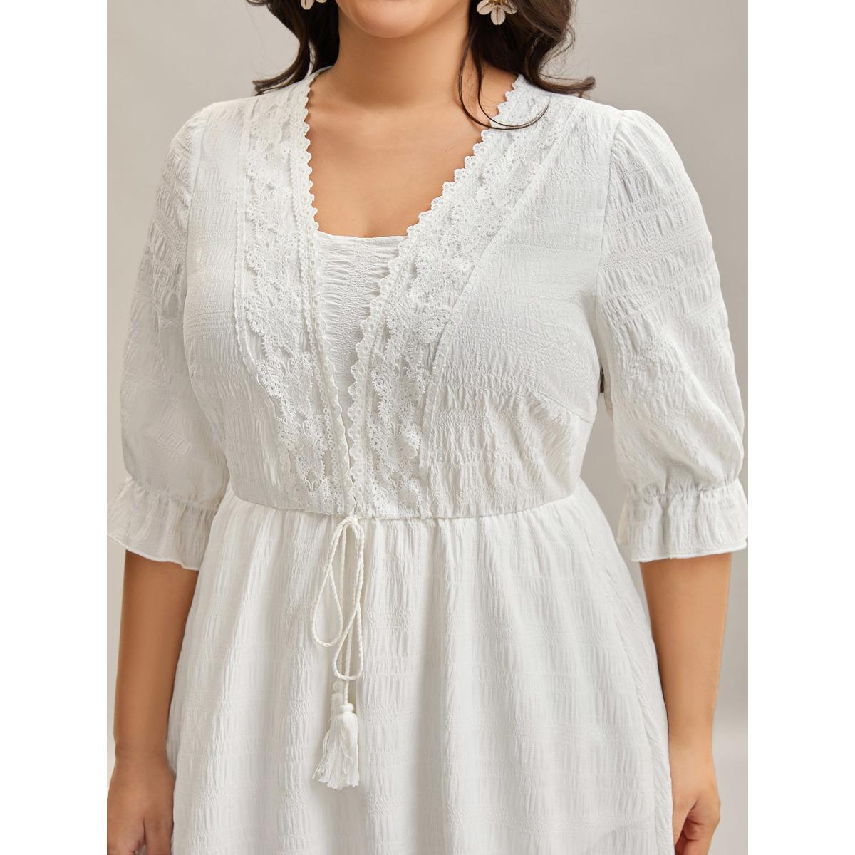 Plus Size Textured Lace Waist-Tie Midi Dress WhiteSmoke Women Tie knot Overlap Collar Elbow-length sleeve Curvy BloomChic 22-24/3X Product Image