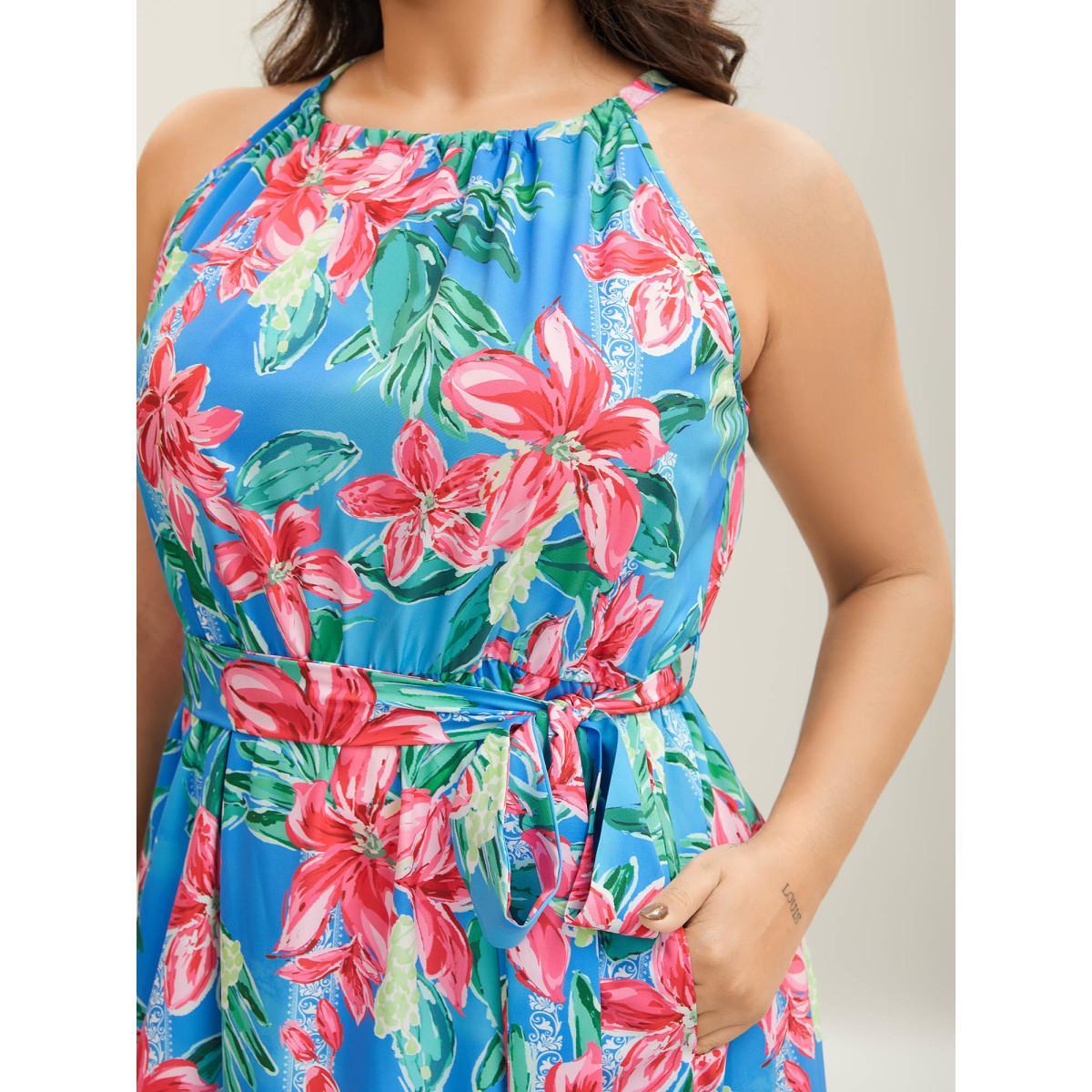 Plus Size Sweet Tropical Print Halter Neck Dress Skyblue Women Halter neck Sleeveless Curvy BloomChic 28/5X Product Image