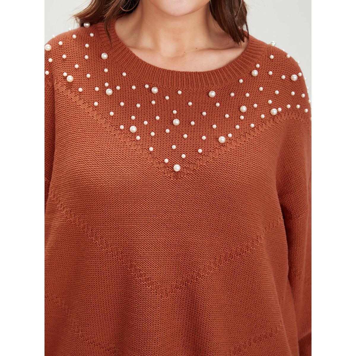 Plus Size Solid Pointelle Knit Pearls Beaded Knit Top Rust Women Casual Loose Long Sleeve Round Neck Dailywear Pullovers BloomChic 18-20/2X Product Image