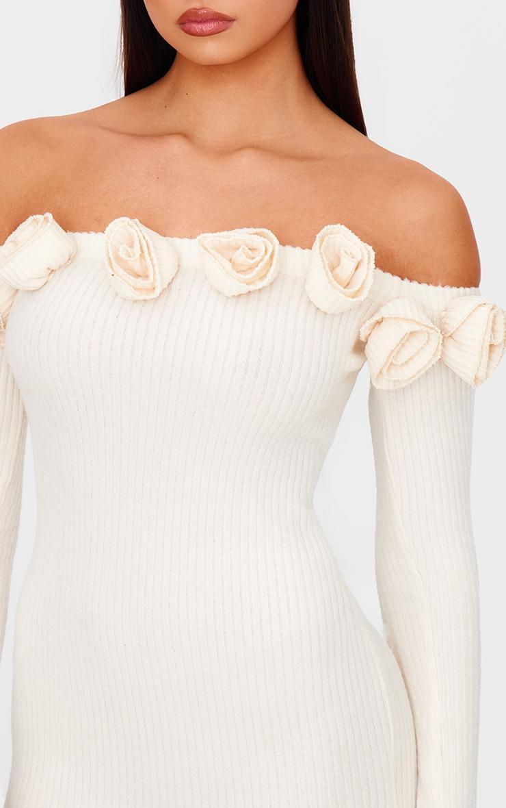 Cream Brushed Rib Corsage Detail Bardot Bodycon Dress Product Image