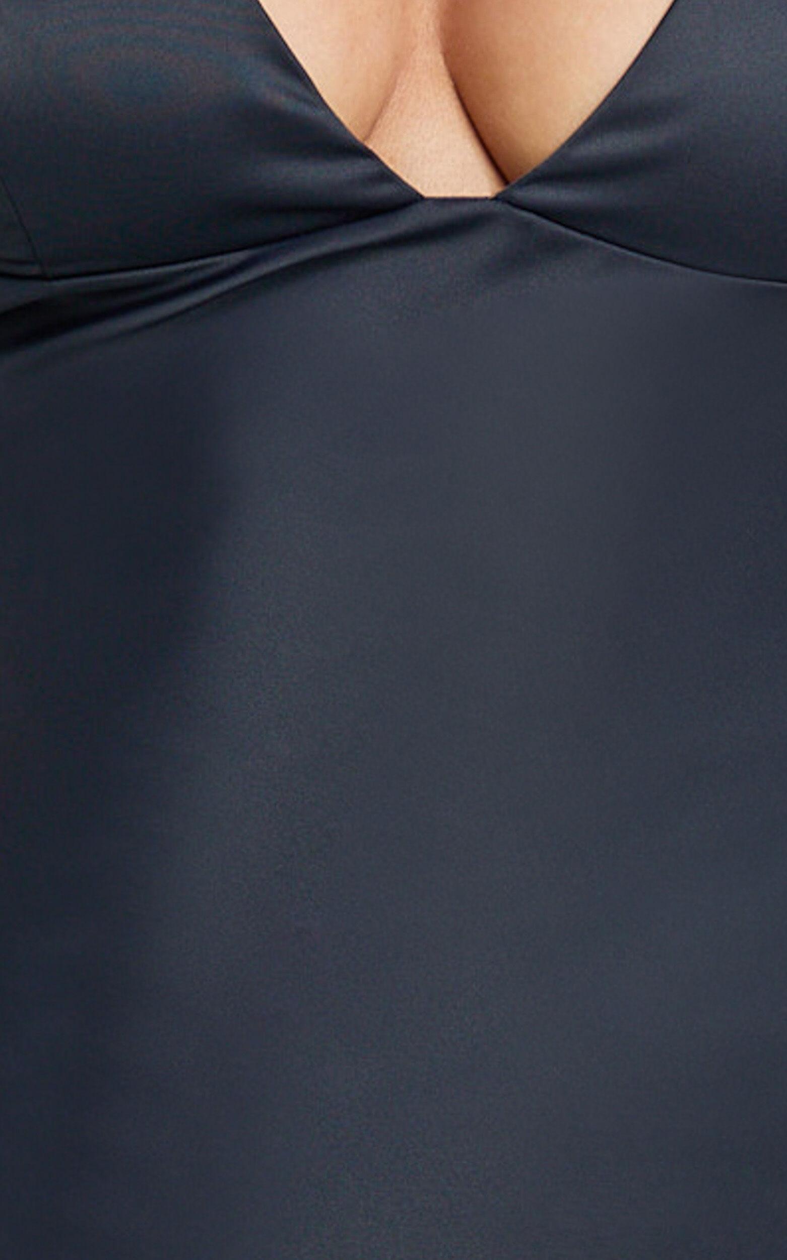 Cariela Midi Dress - Plunge Neck Satin Dress in Navy Product Image