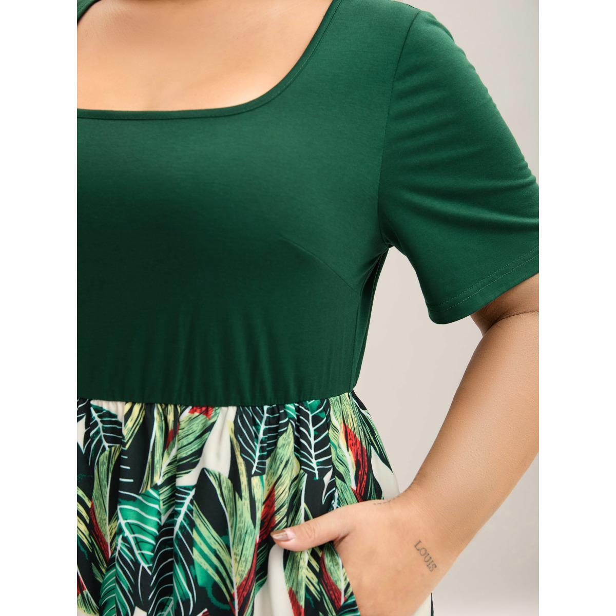 Plus Size Leafy Print Spliced Square Neck Midi Dress Truegreen Women Square Neck Short sleeve Curvy BloomChic 14-16/1X Product Image
