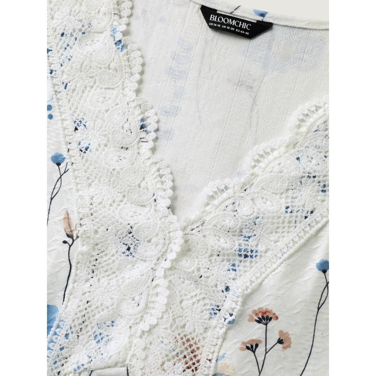 Plus Size Floral Lace-Trimmed Textured Babydoll Top Originalwhite Women V-neck Everyday-Elegant T-shirts BloomChic 18-20/2X Product Image