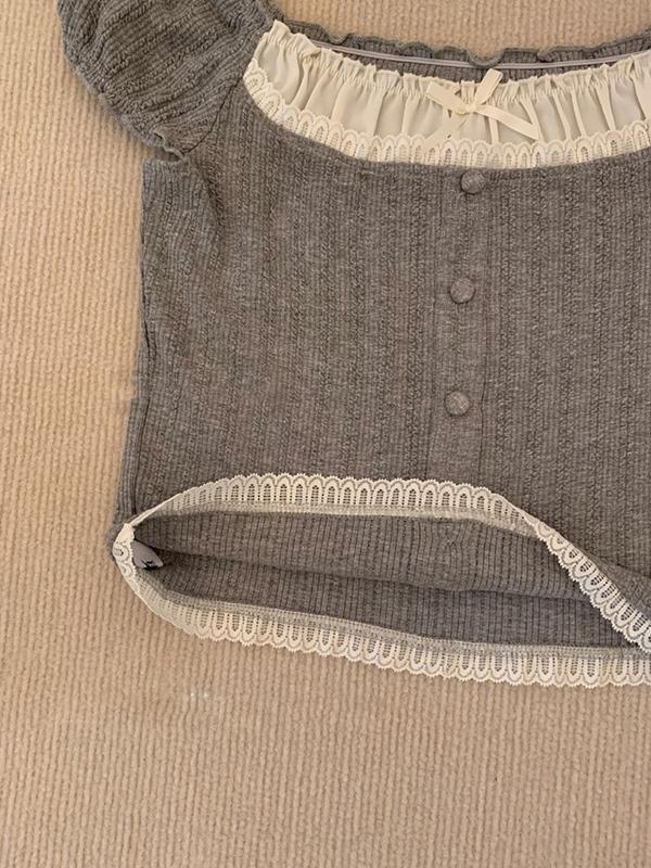 Lace edge contrast stitching Short Sleeves SKnits Product Image