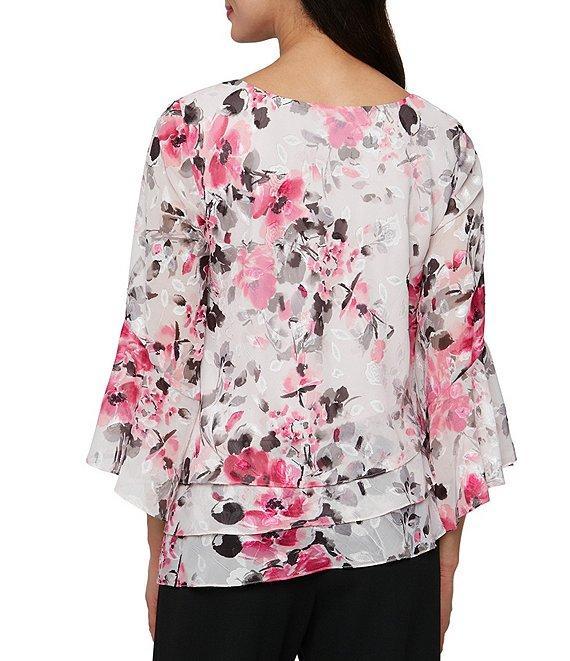 Alex Evenings Floral Print Chiffon Boat Neck 3/4 Sleeve Asymmetric Hem Blouse Product Image