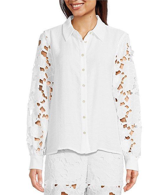 Current Air Woven 3D Floral Lace Point Collar Long Sleeve Relaxed Fit Button Front Coordinating Shirt Product Image