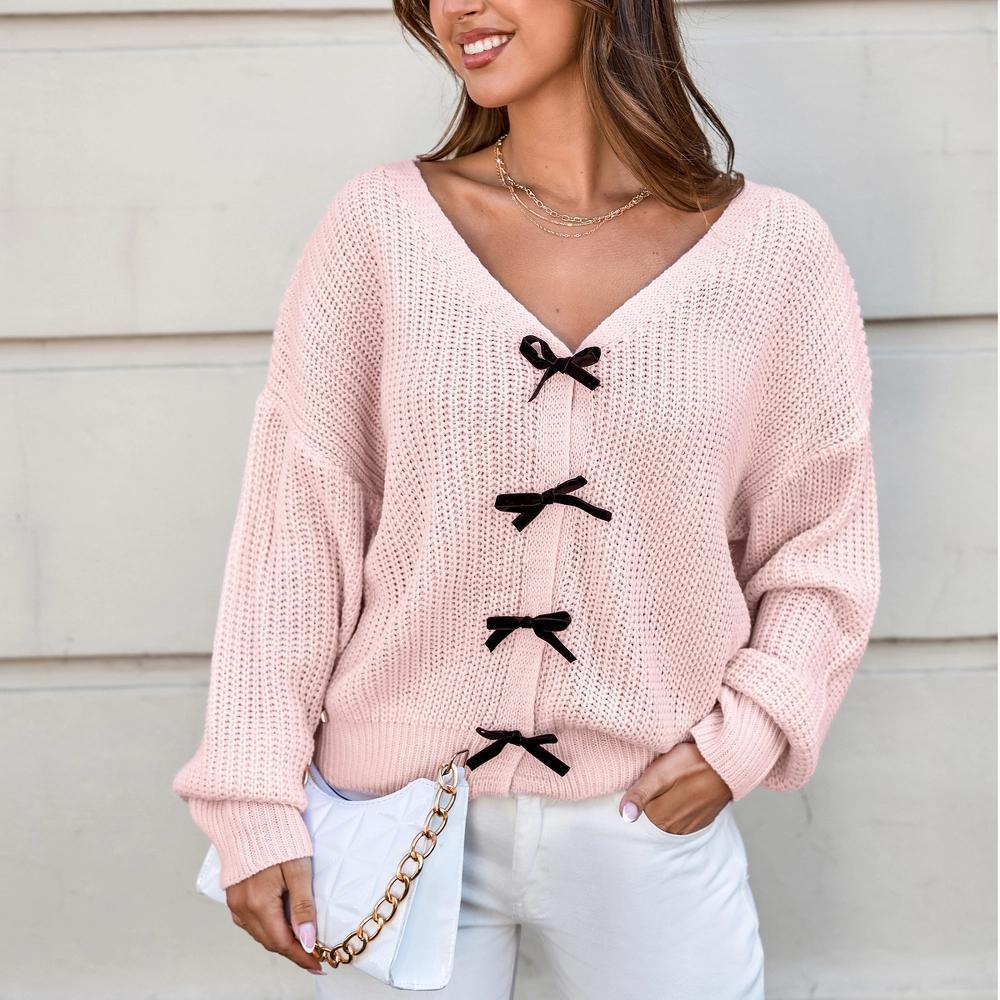 Women's Pink Knit Bow Detail Long Sleeve Sweater – Cupshe Product Image