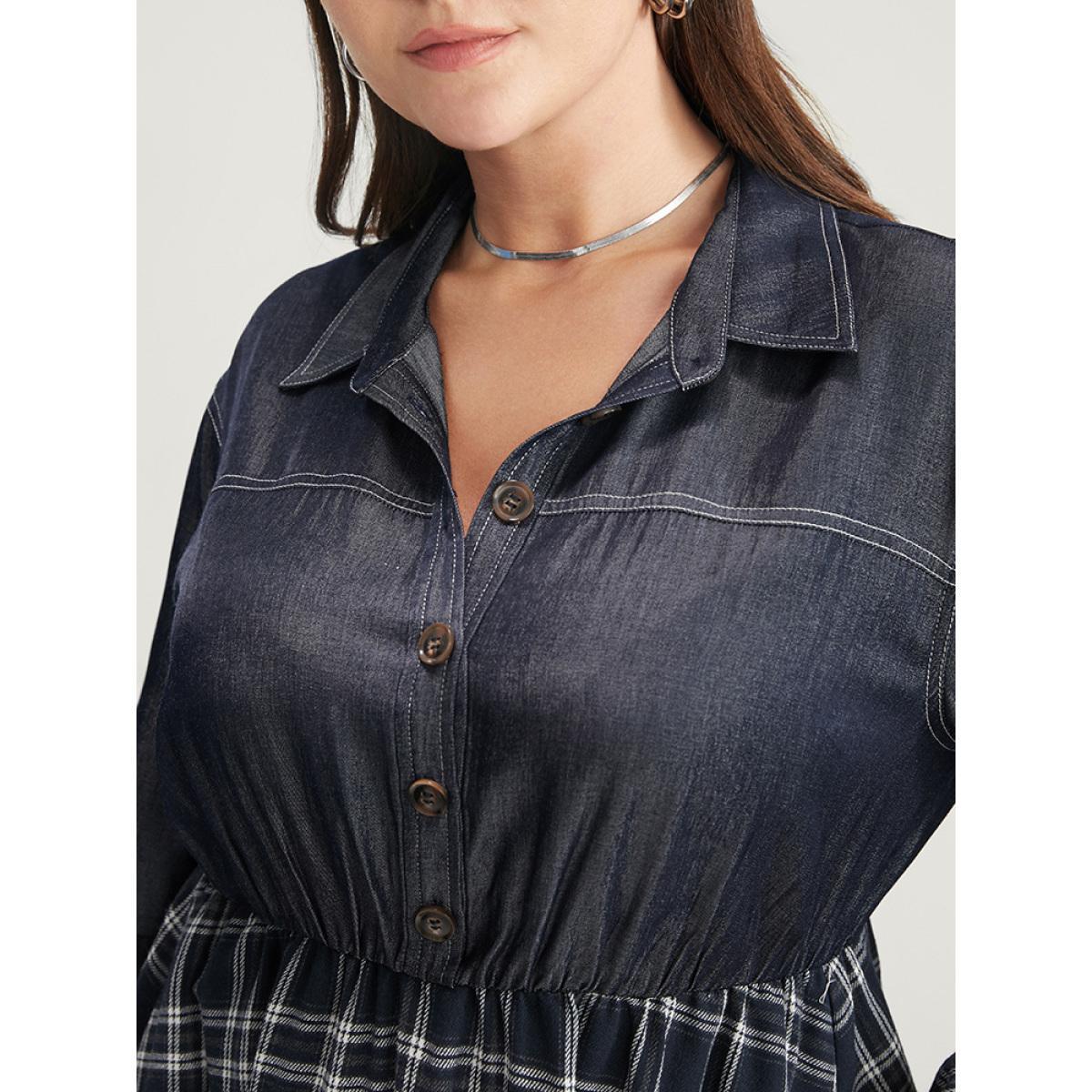 Plus Size Gingham Patchwork Button Pocket Shirt Collar Dress Without Belt Navy Women Office Patchwork Shirt collar Long Sleeve Curvy Midi Dress BloomChic 28/5X Product Image