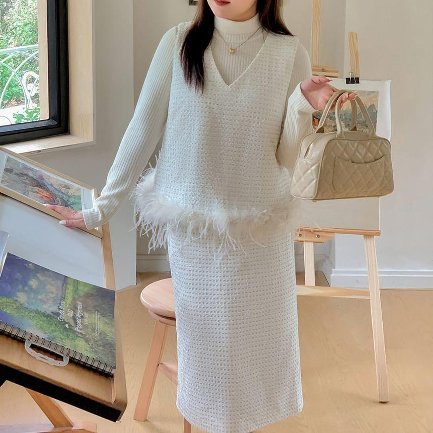 Plus Size Long-Sleeve Mock Neck Plain Ribbed Knit Top / V-Neck Fluffy Trim Vest / High Waist Midi Straight Skirt Product Image