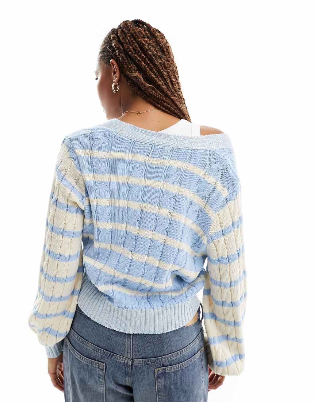 ASOS DESIGN knit cable cardigan in blue and cream stripe Product Image