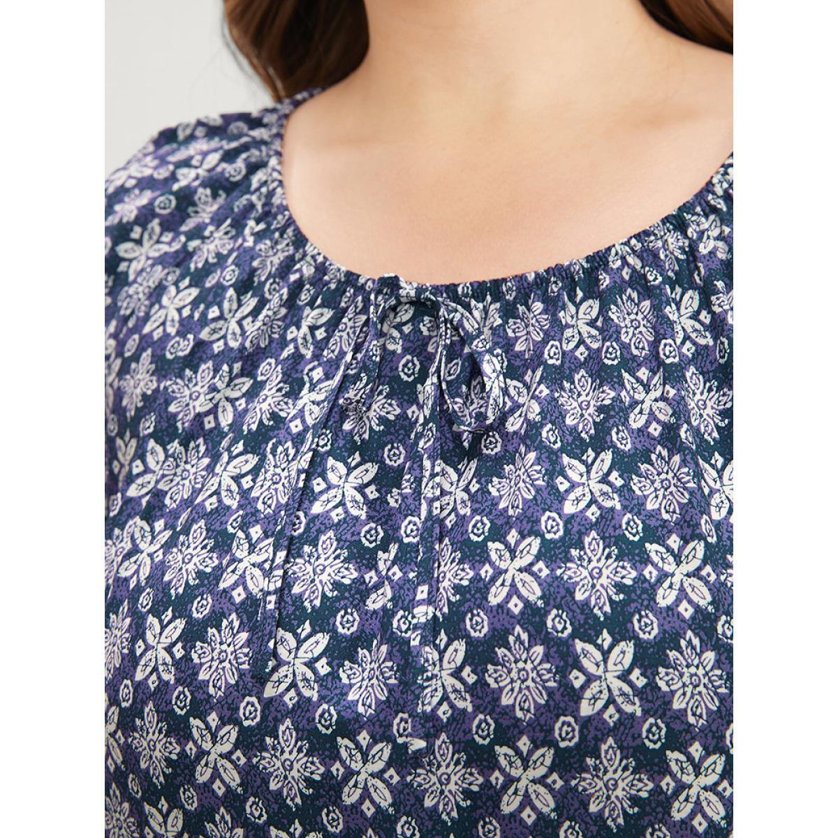 Plus Size Eggplant Floral Print Bell Sleeve Knotted Round Neck Blouse Women Vacation Elbow-length sleeve Round Neck Dailywear Blouses BloomChic 12/L Product Image