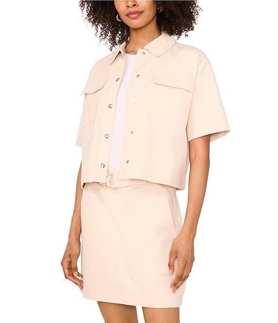 1. STATE Linen Blend Point Collar Short Sleeve Button Front Cropped Jacket Product Image