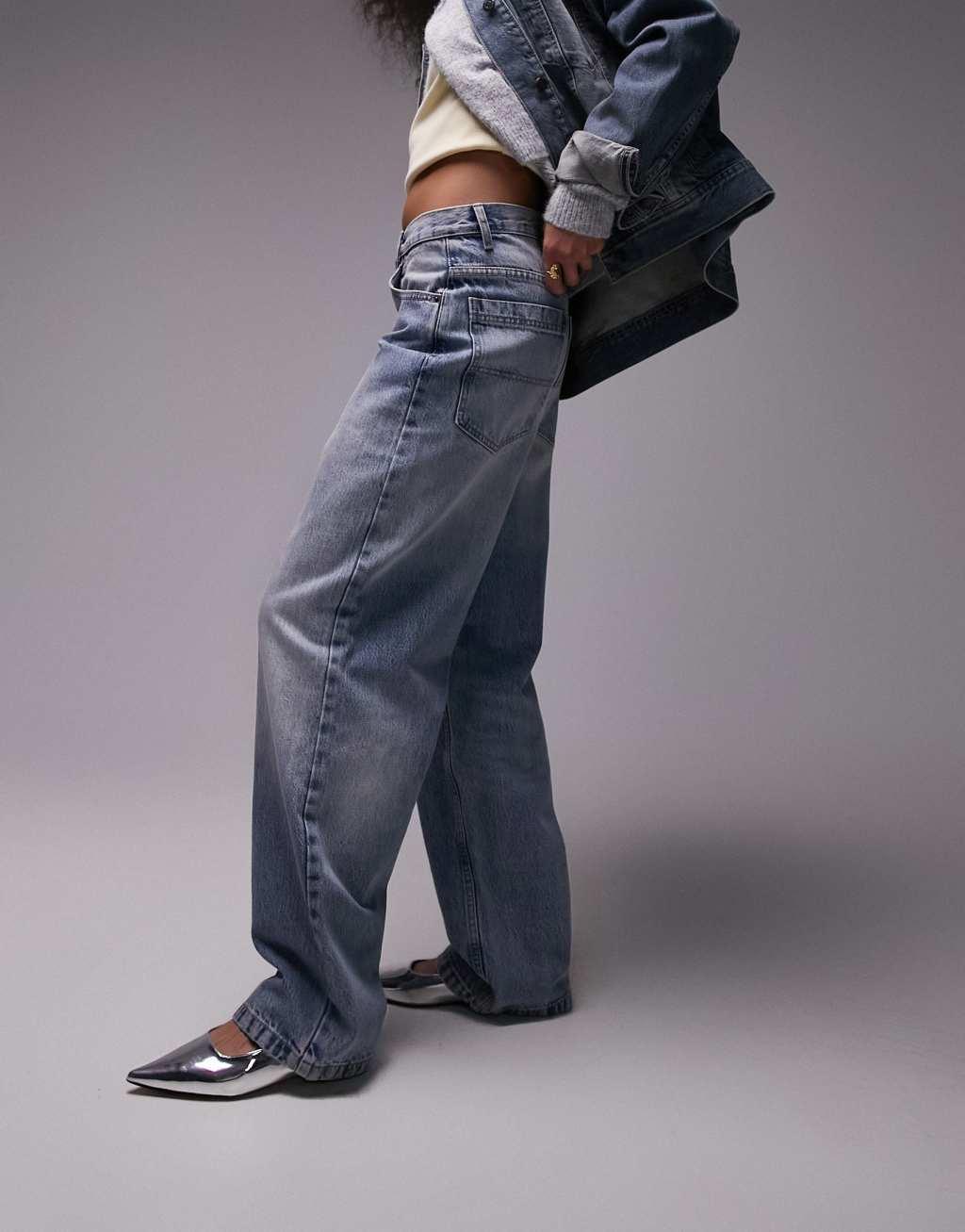 Topshop high rise baggy jeans in mid blue Product Image