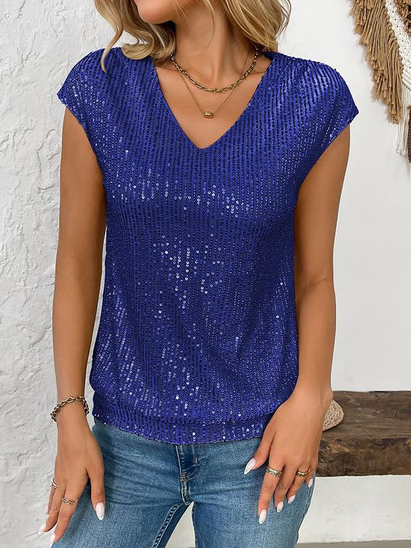 Batwing Sleeves Loose Sequined Shiny V-Neck T-Shirts Tops Product Image