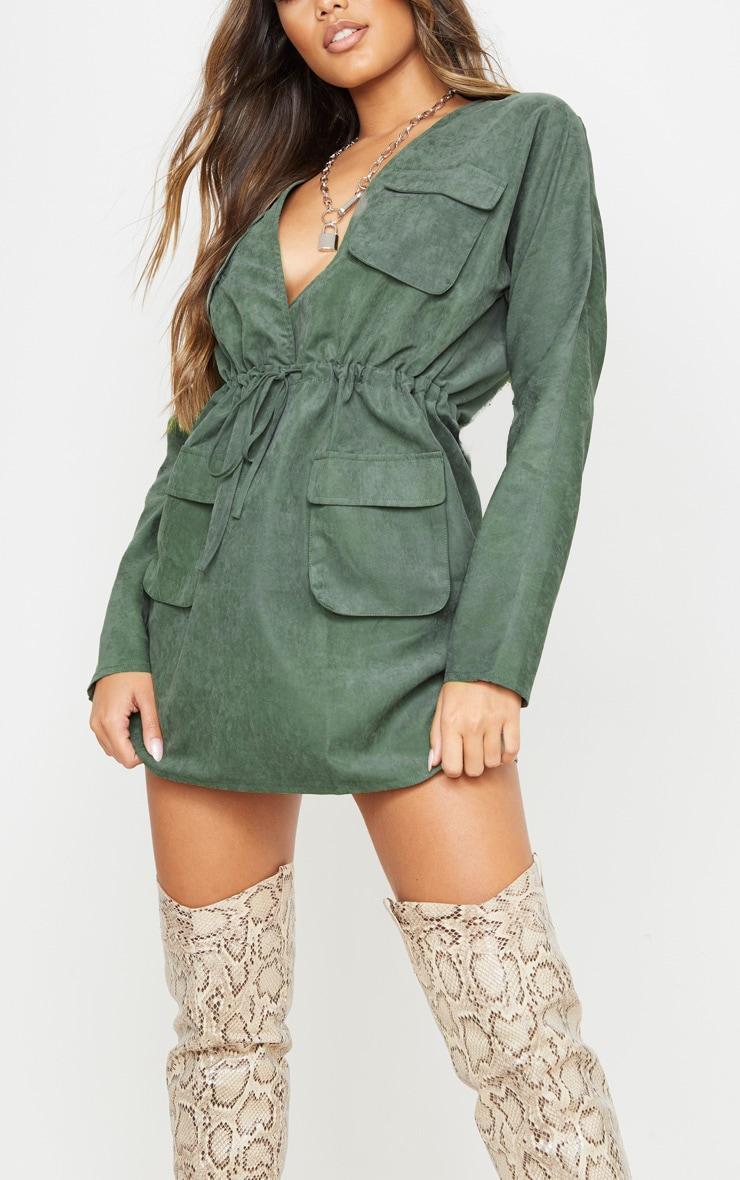 Khaki Pocket Detail Tie Waist Utility Dress Product Image