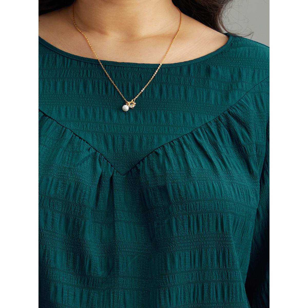 Plus Size Cyan Plain Textured Shirred Gathered Blouse Women Elegant Long Sleeve Round Neck Dailywear Blouses BloomChic 30/6X Product Image