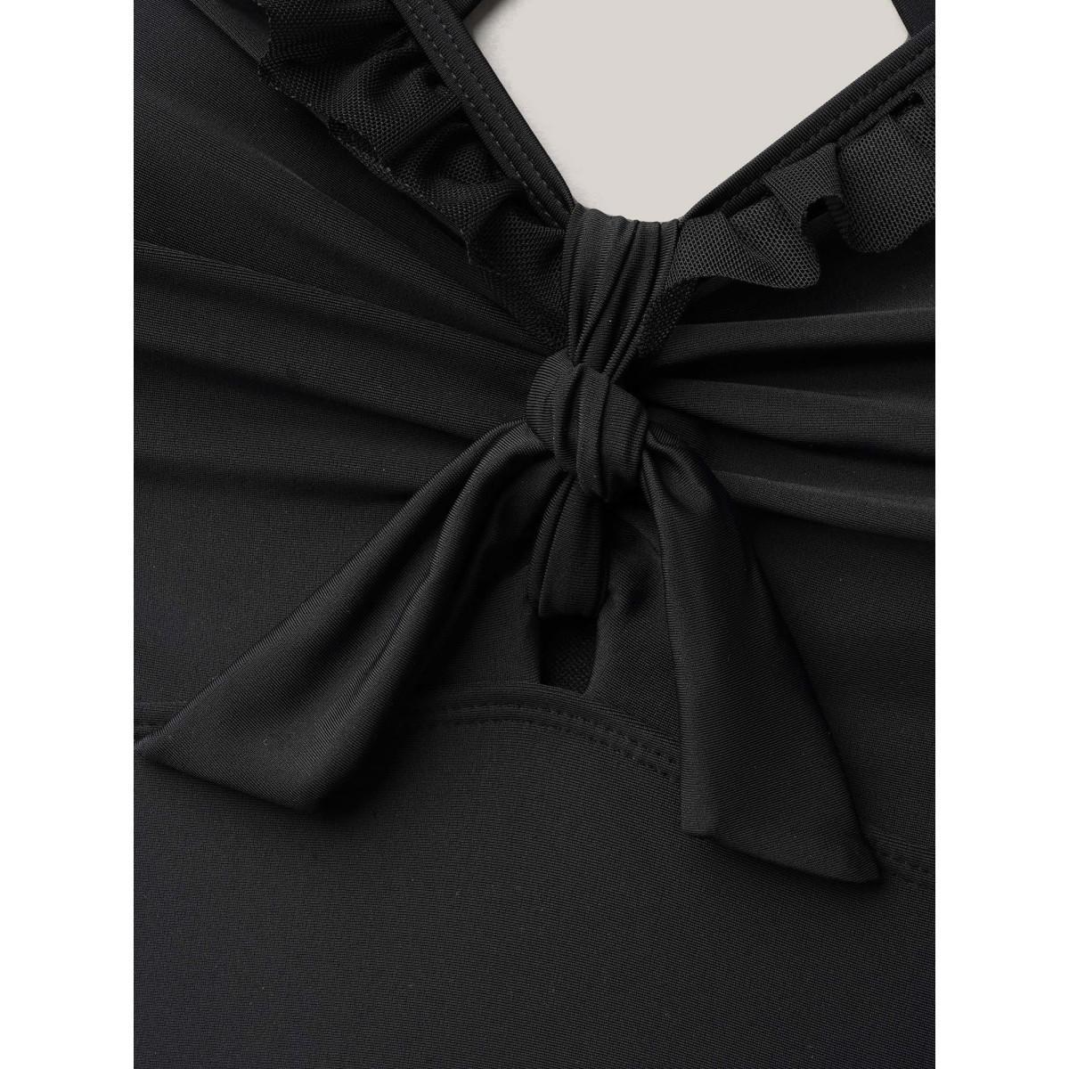 Plus Size Bust Knot-Tie Ruffle Trim Supportive Swim Top Women's Swimwear Black Beach Knotted High stretch Skinny Heart neckline Curve Swim Tops BloomChic 12/L Product Image