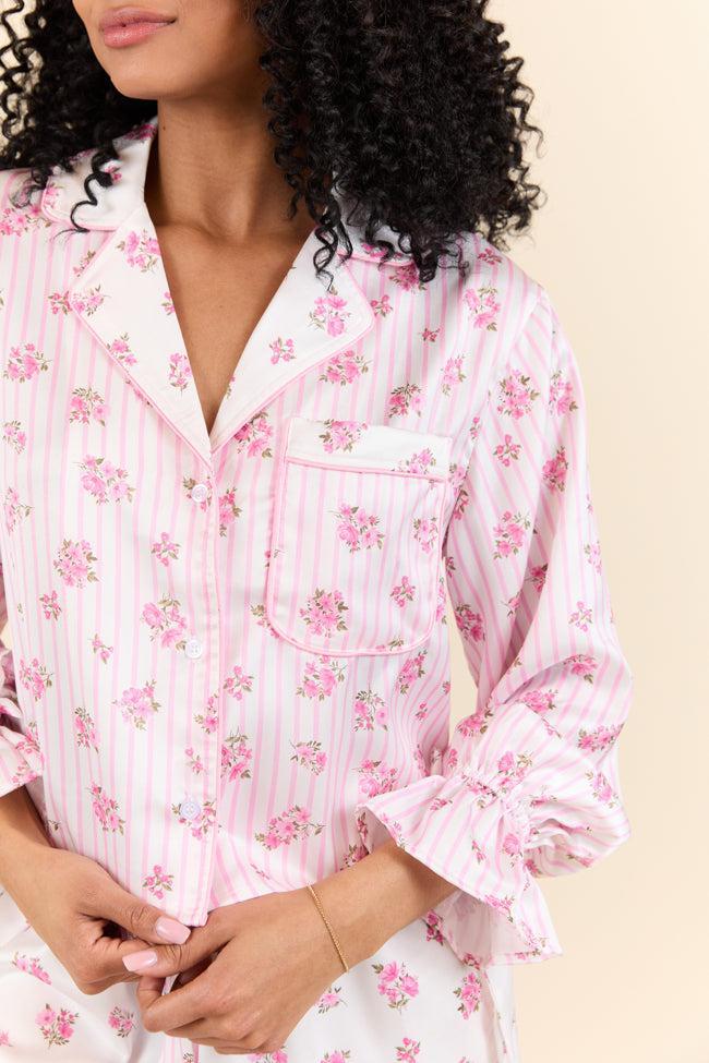 Sleep On My Side Pink Floral Satin Long Sleeve Pajama Top FINAL SALE Product Image