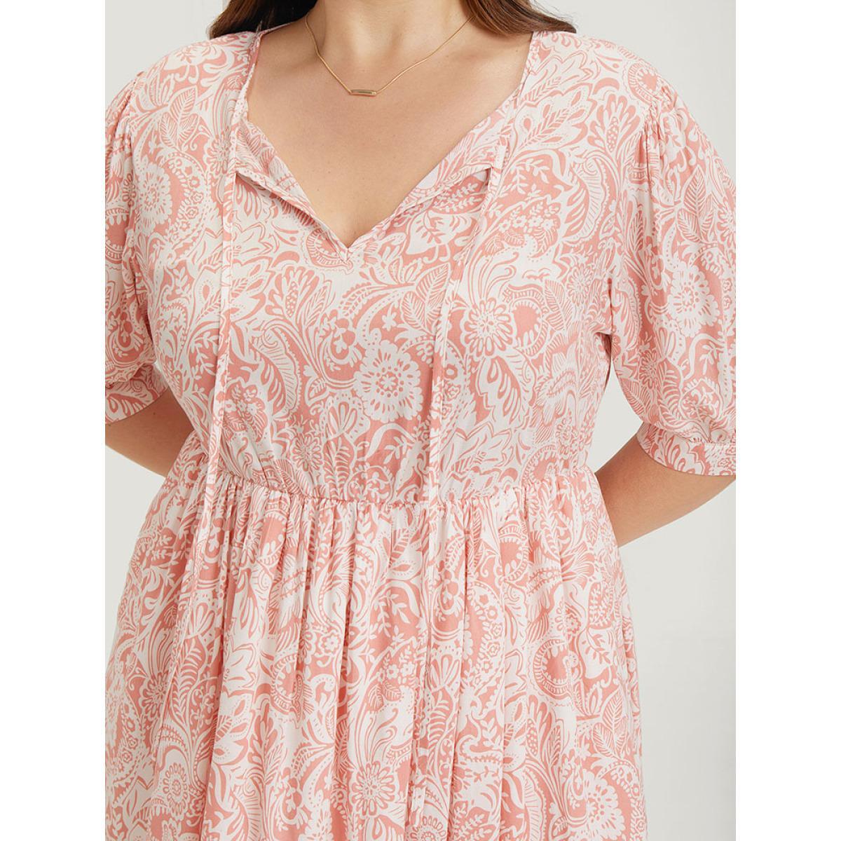 Plus Size Floral Puff Sleeve Pocket Flutter Keyhole Knot Neck Dress Coral Women Vacation Ruffles Tie Neck Short sleeve Curvy Knee Dress BloomChic 26/4X Product Image