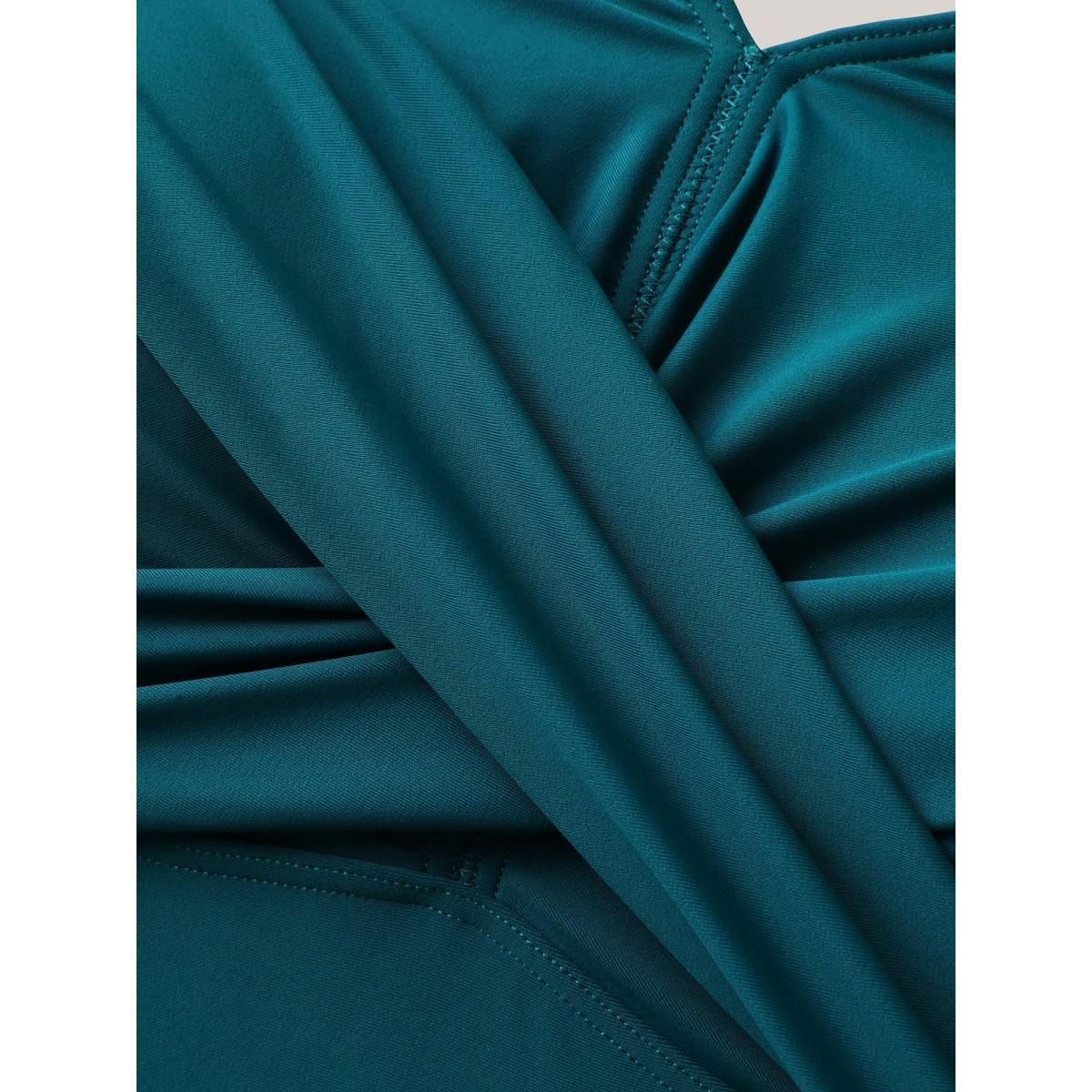 Plus Size Anti-Float Tie Twist Solid Swim Dress Women's Swimwear Teal Beach Bodycon V-neck High stretch Curve Swim Dresses BloomChic 18-20/2X Product Image