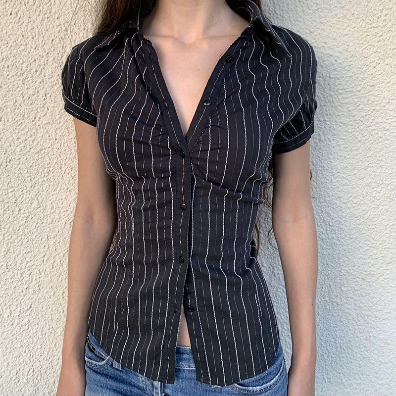 Short Sleeve / Long Sleeve V-Neck Striped Slim-Fit Shirt Product Image