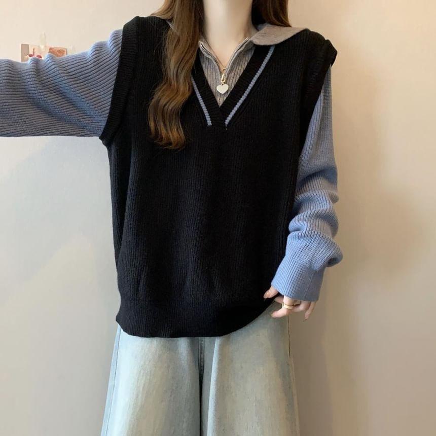 Sailor Collar Mock Two-Piece Color Block Half-Zip Sweater Product Image