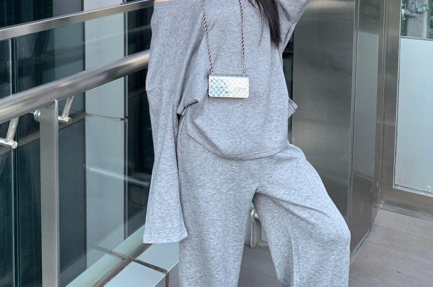 Long-Sleeve V-Neck Plain Tee / Mid Waist Plain Wide Leg Pants Product Image