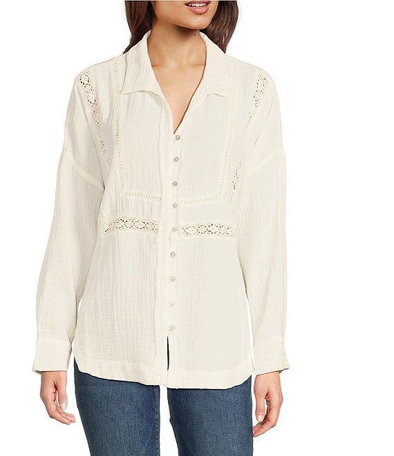 Lucky Brand Gauze Lace Trim Spread Collar Long Sleeve Button-Front Shirt Product Image