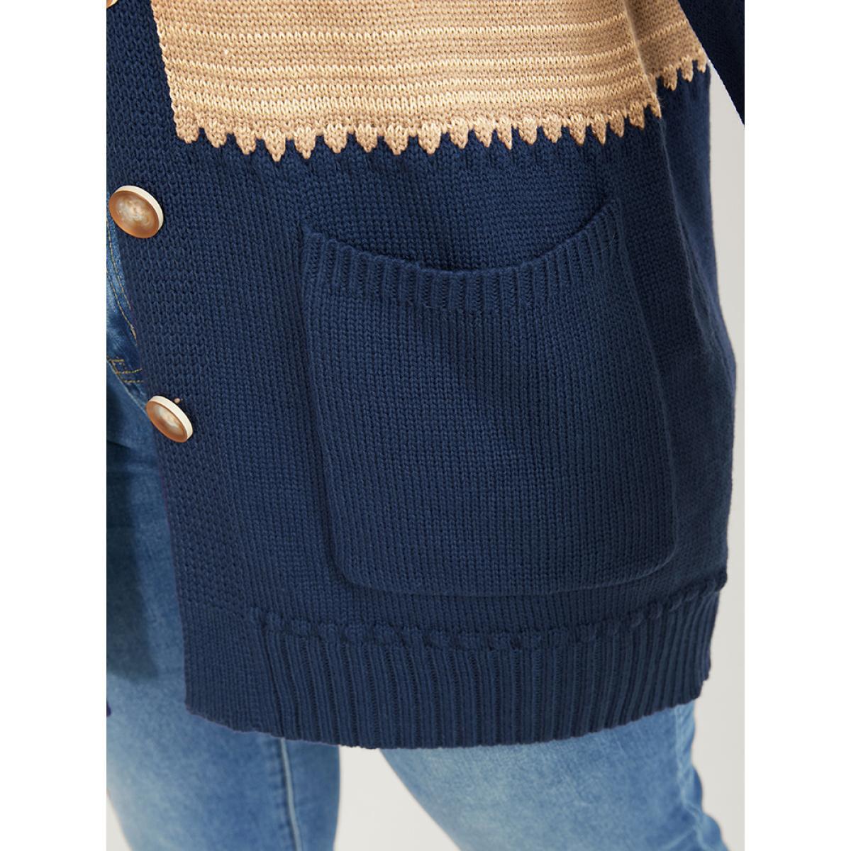 Plus Size Colorblock Contrast Pointelle Knit Pocket Jacquard Button Front Cardigan Multicolor Women Casual Loose Long Sleeve Dailywear Cardigans BloomChic 28/5X Product Image