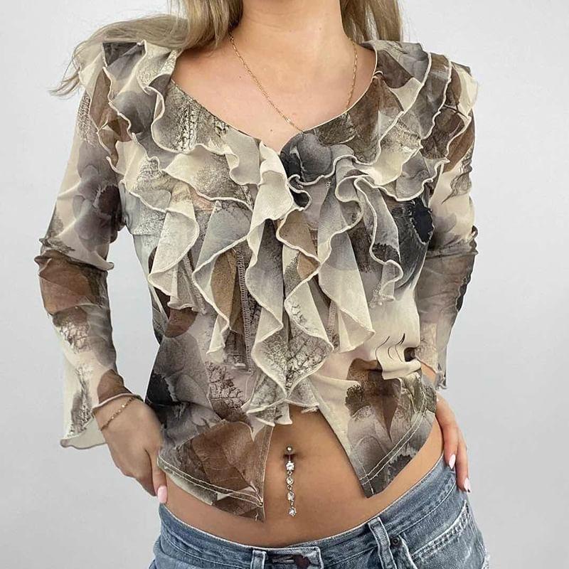 Long-Sleeve Ruffle Tie Dye Crop Top Product Image