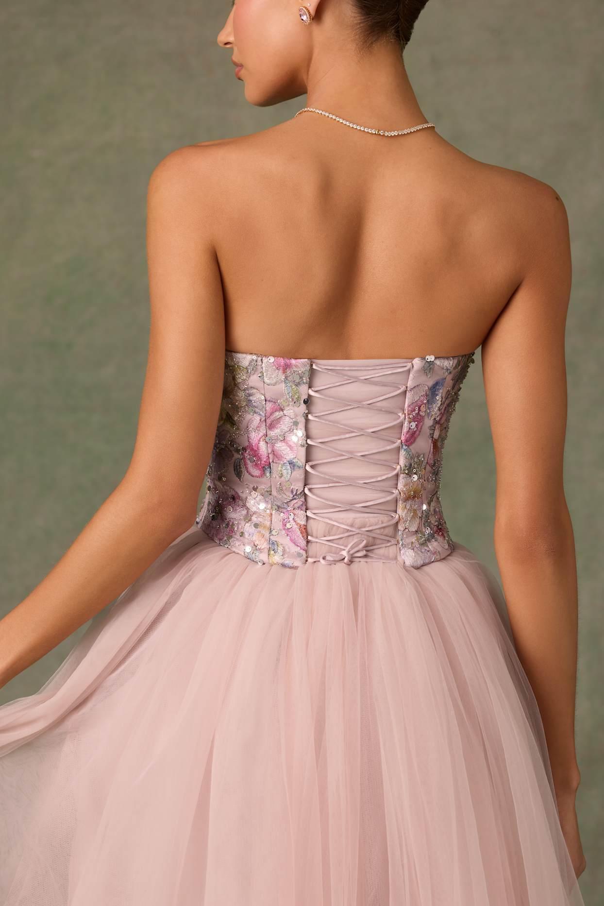 Embellished Lace-Up Cupless Corset in Floral Pink Product Image