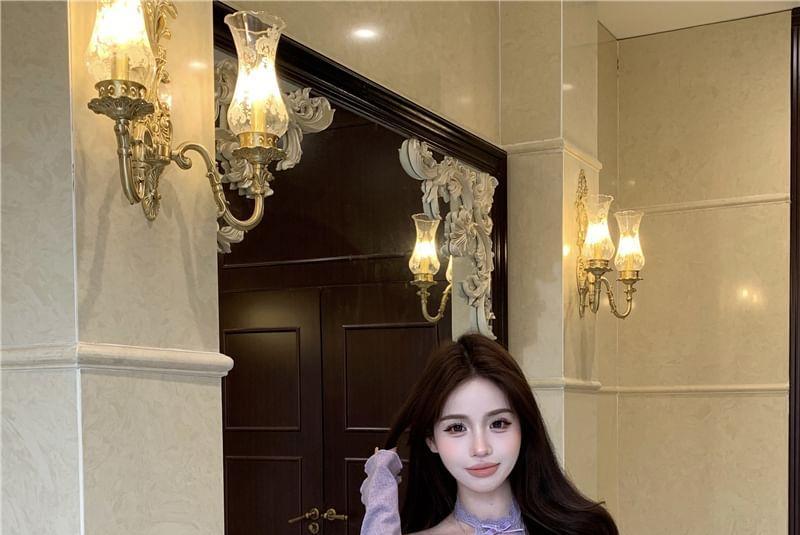 Long-Sleeve Halter Asymmetrical Cutout Lace Panel Slim Fit Top / High Waist Mini Pencil Skirt Product Image