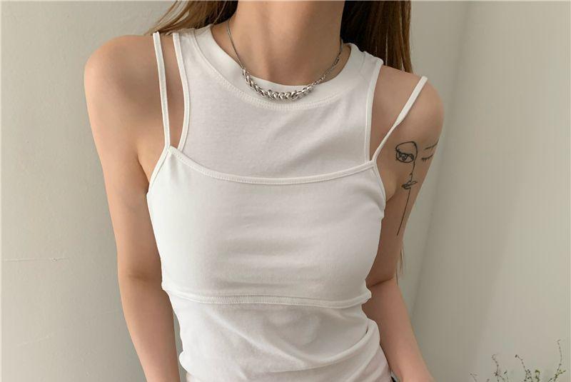 Mock Two-Piece Round Neck Plain Crop Tank Top Product Image