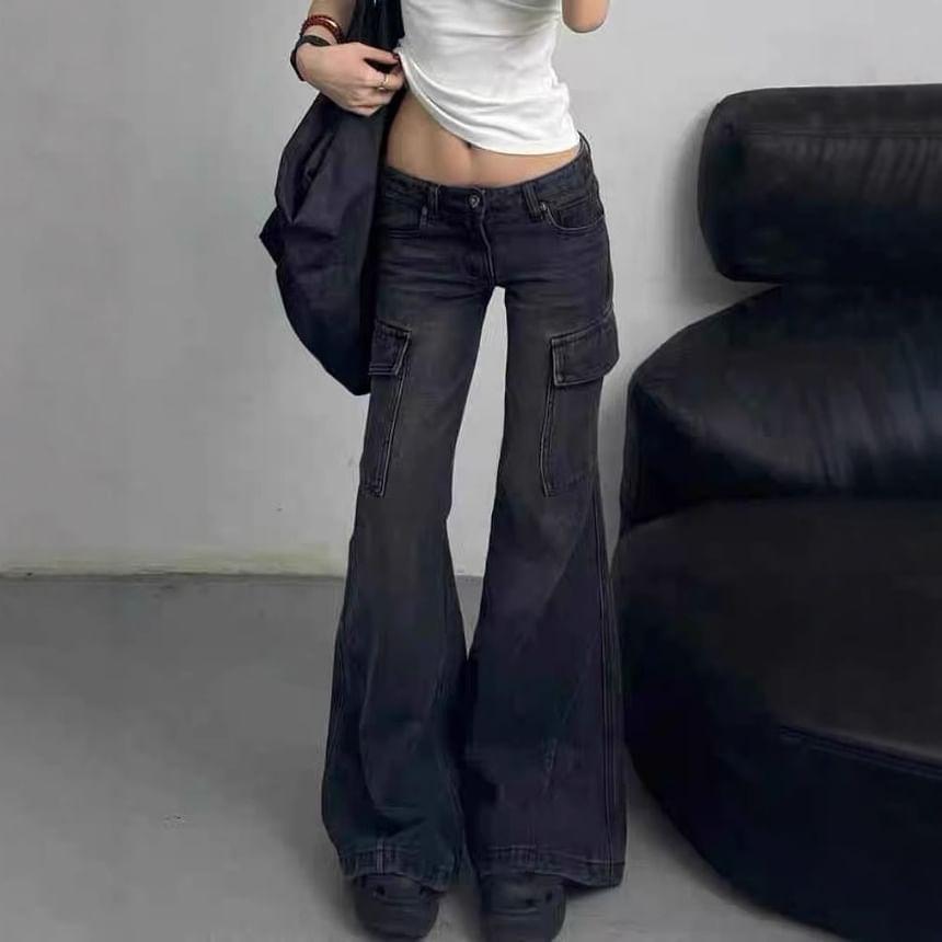 Low Rise Washed Pocket Straight-Fit Boot-Cut Jeans Product Image