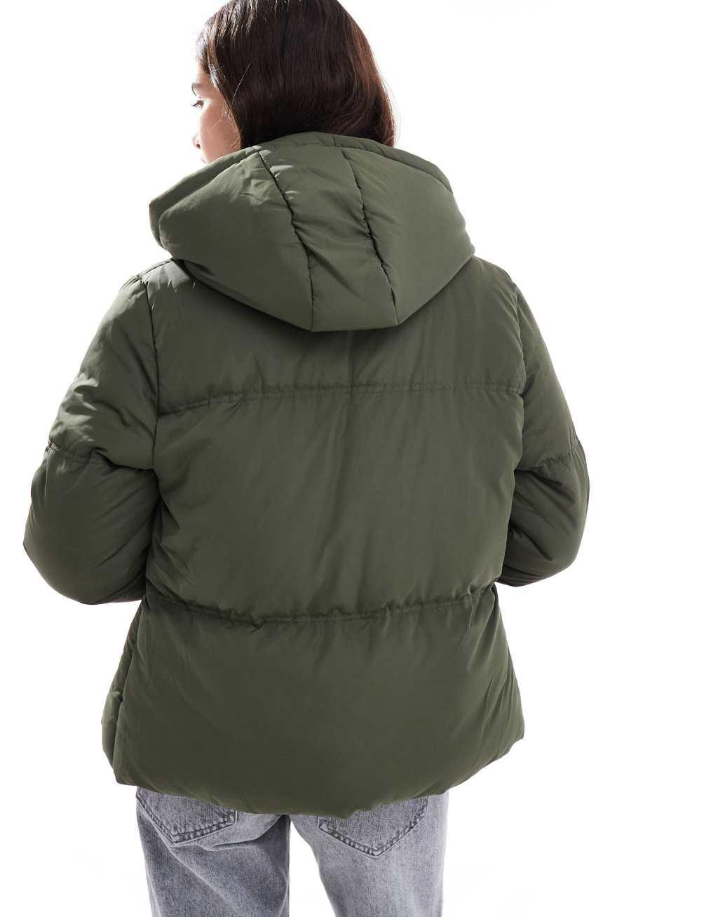 French Connection hooded puffer jacket in khaki Product Image
