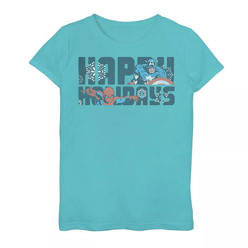 Girls 7-16 Marvel Spider-Man And Captain America Happy Holidays Tee, Girl's, Size: Small, Tahi Blue Product Image