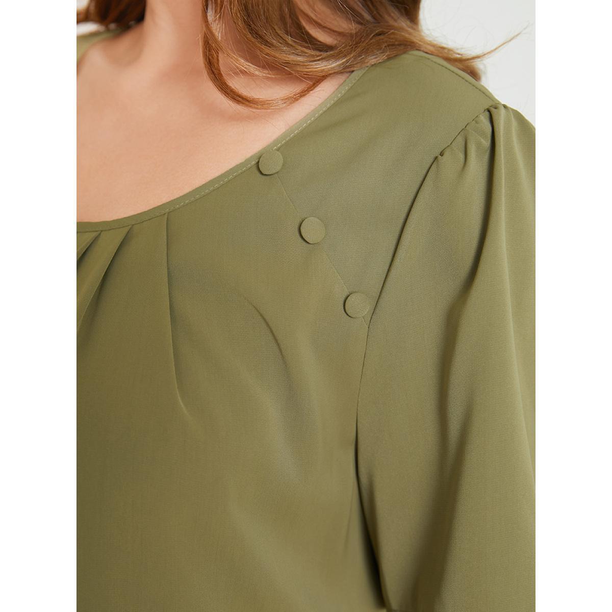 Plus Size SpringGreen Solid Pleated Button Detail Blouse Women Office Short sleeve Round Neck Work Blouses BloomChic 26/4X Product Image