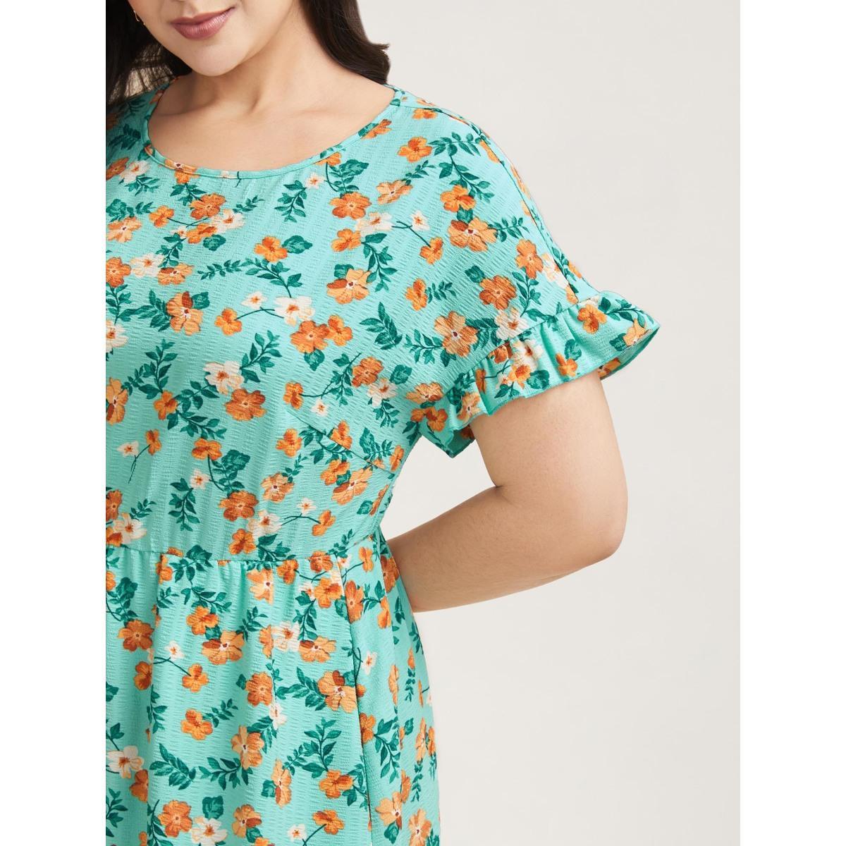 Plus Size Floral Print Ruffled Pockets Midi Dress Turquoise Women Elegant Texture Round Neck Short sleeve Curvy BloomChic 10/M Product Image