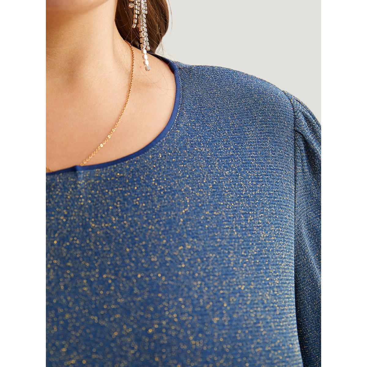Plus Size Glitter Crew Neck Pocket Pleated Dress Aegean Women Party Elastic cuffs Round Neck Long Sleeve Curvy Midi Dress BloomChic 22-24/3X Product Image