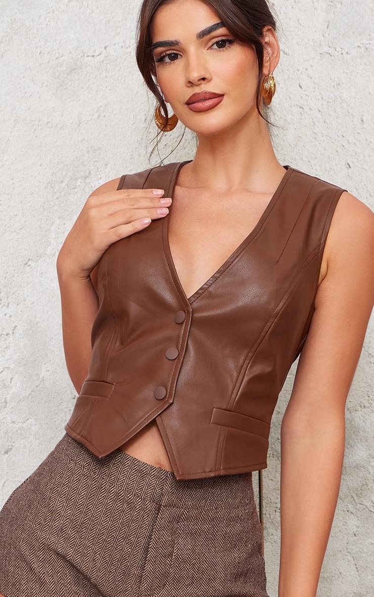 Chocolate Faux Leather Fitted Vest Product Image
