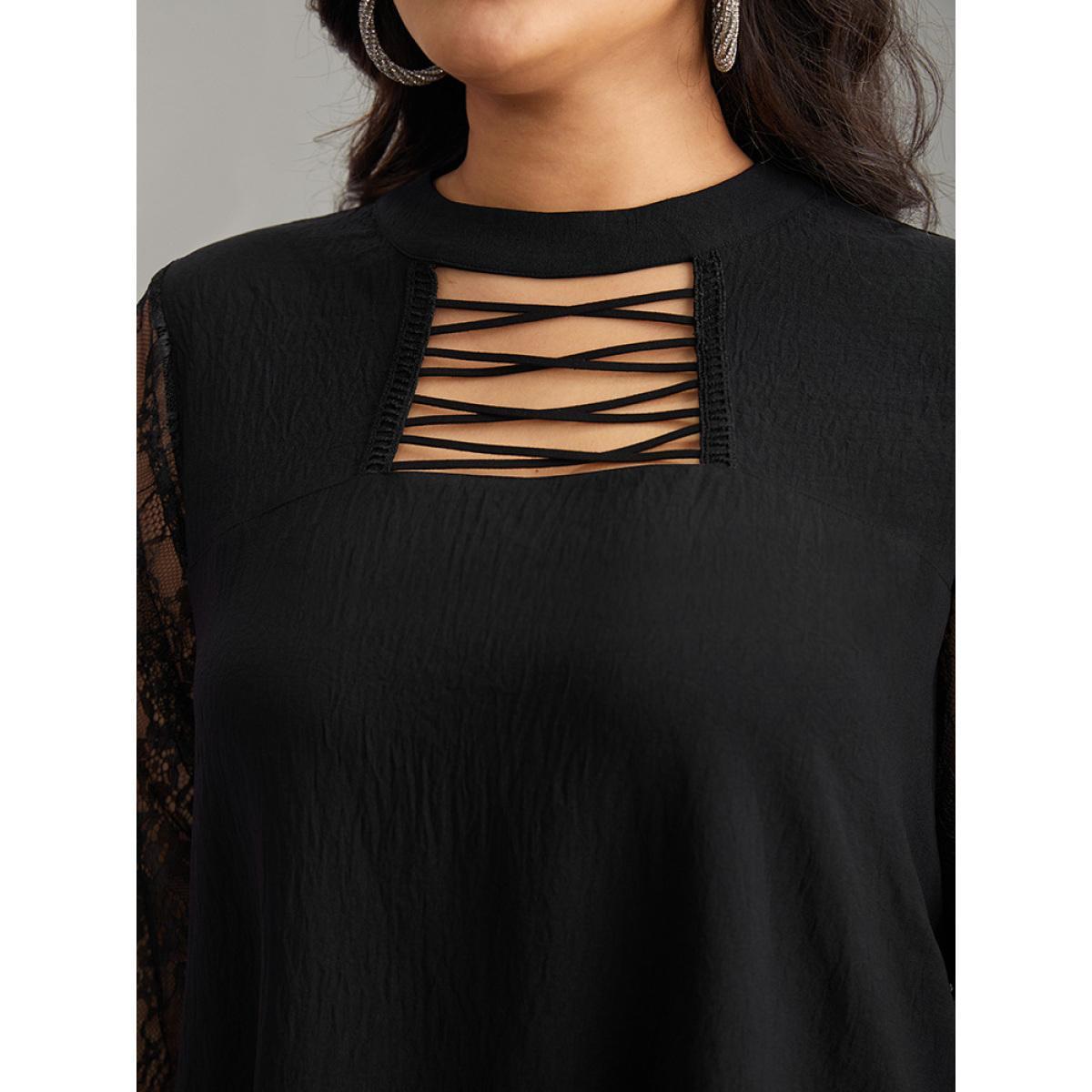 Plus Size Black Halloween Eyelet Lace Cut Out Mesh Blouse Women Elegant Long Sleeve Keyhole Cut-Out Festival-Halloween Blouses BloomChic 18-20/2X Product Image
